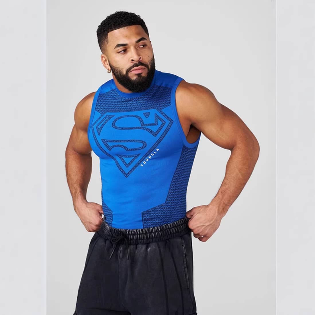 American Streetwear Brand YOUNGLA Superman Vest, Sports Short Sleeve, Quick-Dry Breathable, Casual Fashion Muscle Gym Training