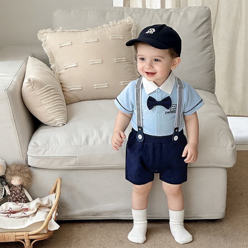 Baby Boy Summer Outfit Photo Romper Gentleman Style Bow Tie Suspenders Fake Two-Piece Crawler Suit 1st Birthday Suit