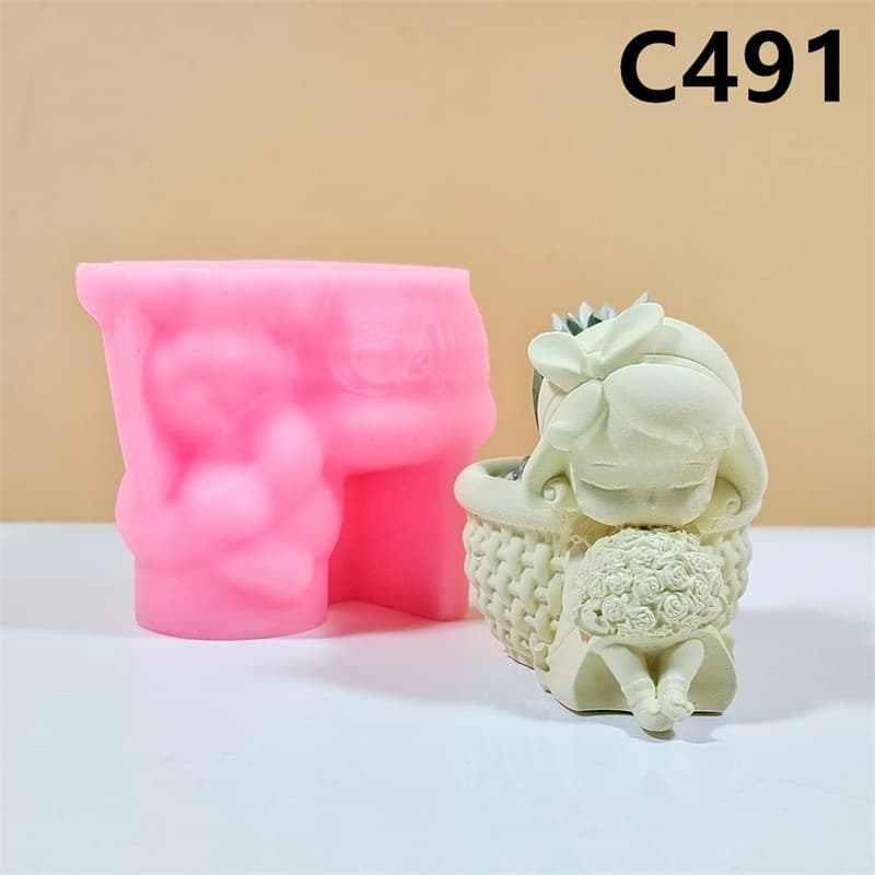 Girl with Flowers Weaving Flower Pot Silicone Mold Handmade DIY Succulent Flower Pot Aromatherapy Candle Plaster Mold C491