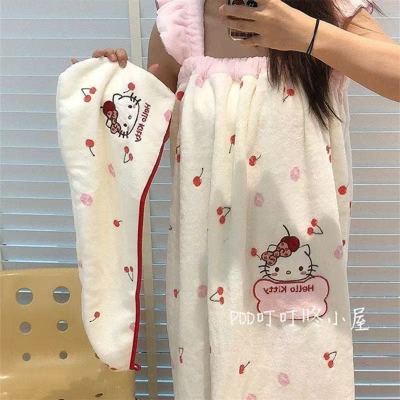 Hello Kitty Cherry Series Bathrobe with Delicate Embroidered Lace Design, Absorbent Bathrobe for Girls