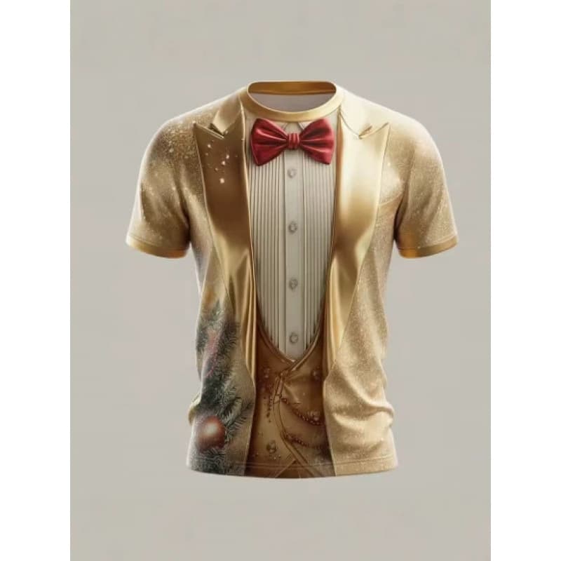 Christmas Gold Evening Dress 3D T-Shirt Men's Holiday Party Set for Christmas Gatherings or Celebrations