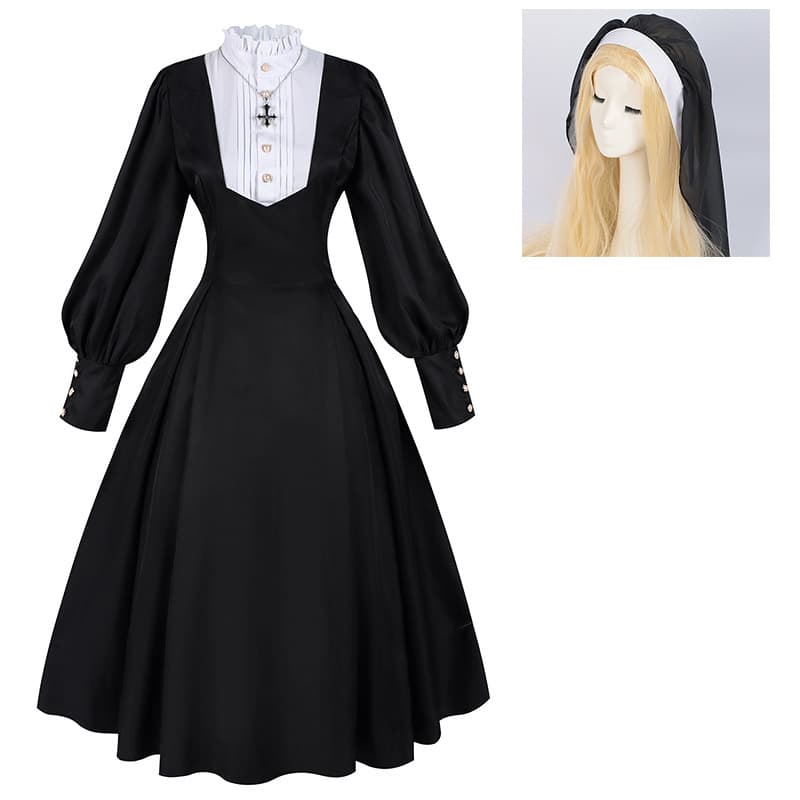 2025 European and American Easter Spring and Autumn New Style Nun Suit Long Sleeve Cosplay Costume Lace Solid Color Dress Set