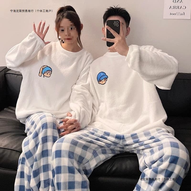 Couple Pajamas Women's Winter Fleece Coral Fleece Cute Cartoon Thickened Men's Flannel Homewear Set