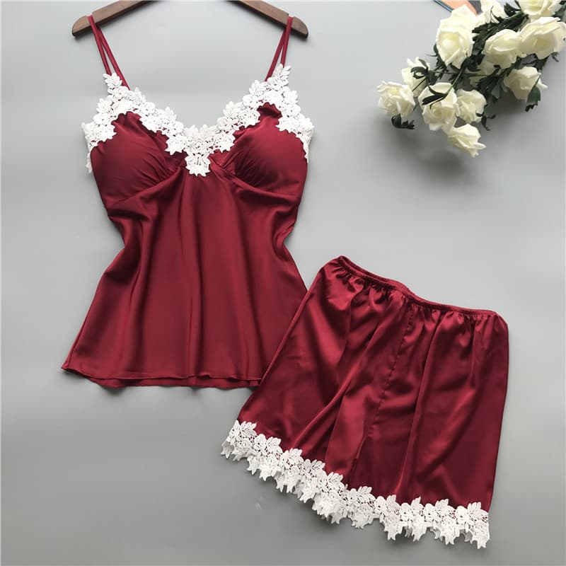 Wholesale New European and American Silk-like Black Loungewear Two-Piece Set Fashionable Comfortable Lace Trim Pajama Set