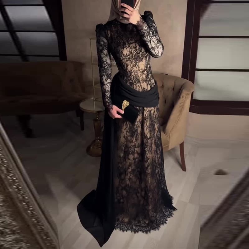 2026 New Spring Round Neck Long Sleeve Lace Elegant Slim Irregular Long Dress for Amazon Cross-Border Trade in Europe and America