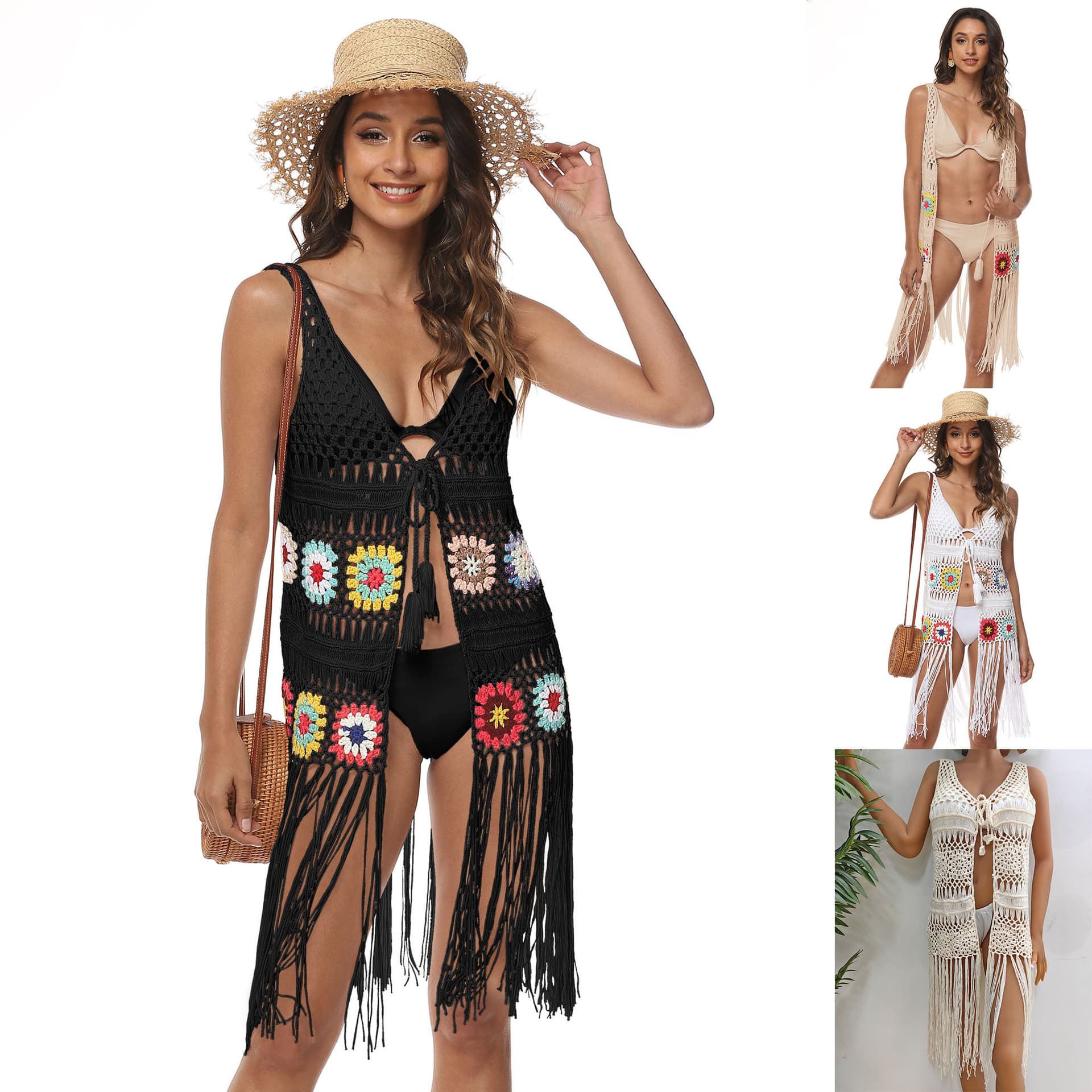 Cross-border foreign trade European and American clothing pure hand hook mixed color stitching sexy hollow strappy vest cardigan beach shirt 328