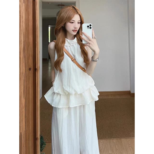 French Gentle White Halter Top Women 2026 Summer New Style Elegant Niche Sleeveless Vest Casual Pants Set