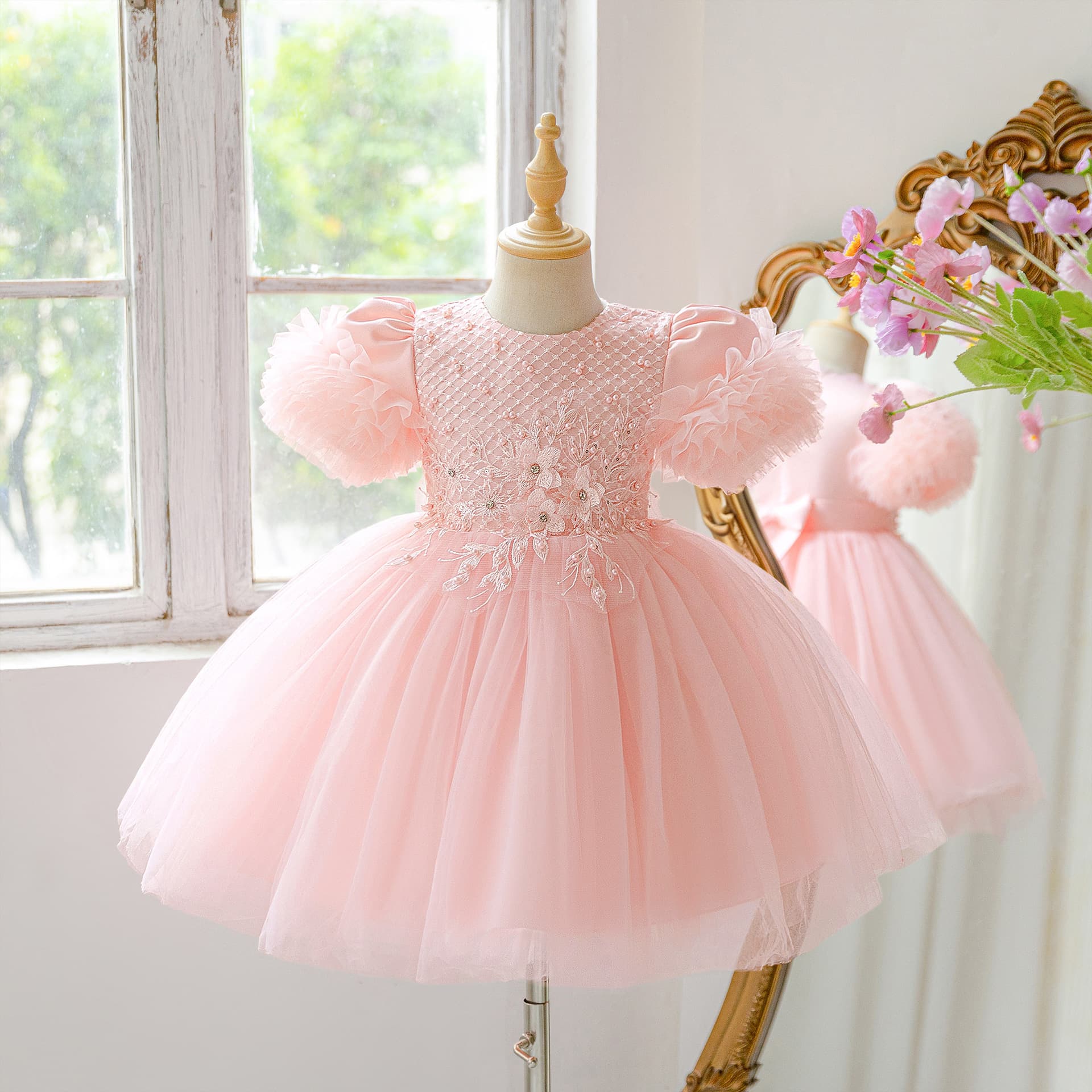 Girls' Beaded Lace Floral Dress, Children's Wedding Dress, Fluffy Princess Dress, Banquet Performance Dress