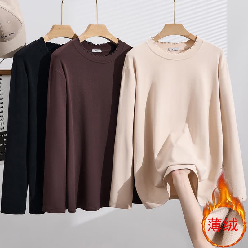 Autumn/Winter New Plus Size Fleece-lined Korean Style Ruffle Collar Slimming Casual Long Sleeve Base Layer Top S5698