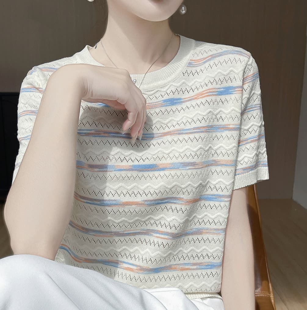 Silk Rainbow Stripe Knit Top for Women Summer Round Neck Loose Fit Regular Shoulder Tencel Blouse Ice Silk T-Shirt