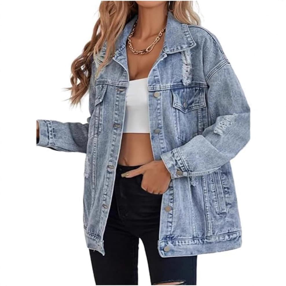 Cross-border TEMU Amazon Women's New Oversized Denim Jacket Boyfriend Ripped Distressed Denim Jacket Coat