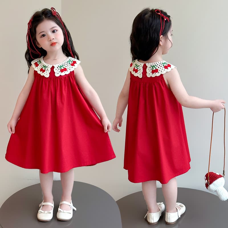 Girls Sleeveless Red Cherry Dress Summer Children's Summer Dress Sweet Tank Top Girl Casual Skirt