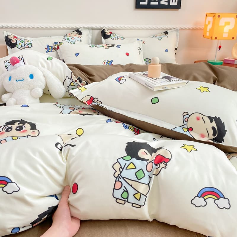Korean-style Ins simple cute cartoon crayon boy brown sheet duvet cover dormitory 3/4-piece set 1.5m 1.8m