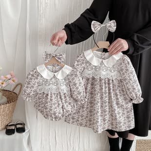 26 Fall New Long-Sleeve Baby Clothes Lace Bodysuit Dress for Girls Forest Cottagecore Style Sister Matching Outfit