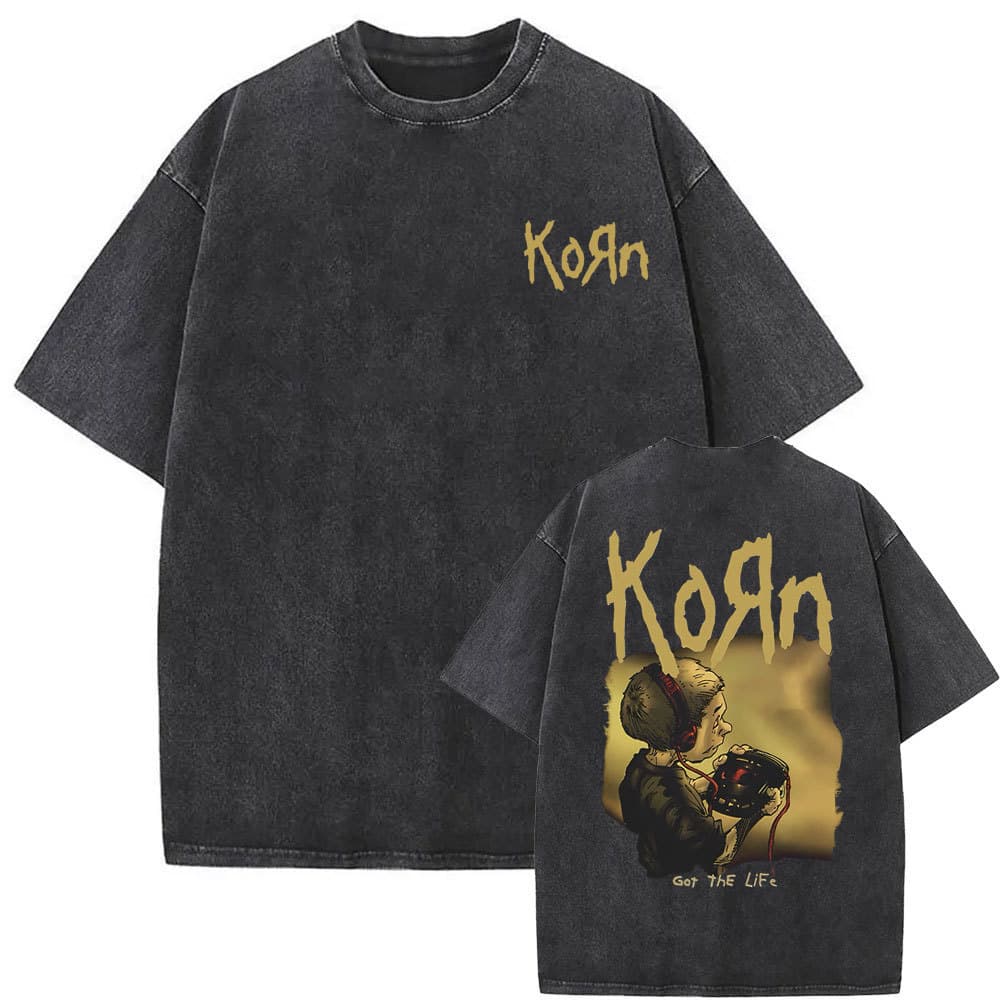 Washed Vintage Rock Band Korn T-Shirt Skeleton Print T-Shirt Men's Fashion Gothic Hip Hop T-Shirt