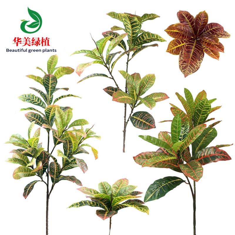 Artificial Green Plant, Colorful Wood, Variegated Croton, Fake Potted Plant, Plastic Flowers, Green Leaves