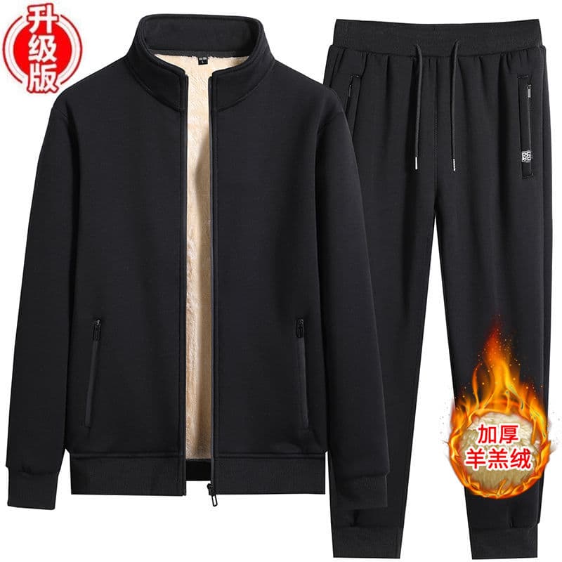 Winter Lambswool Cotton Men's Sports Suit Casual Sweatshirt Fleece Lined Thick Warm Two-Piece Set for Dads