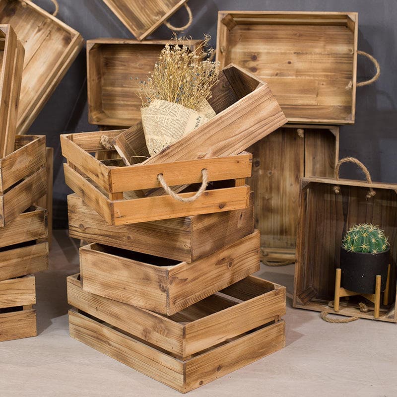Practical 3-Piece Storage Basket Set, Wooden Strip Box, Waterproof Storage Box, Vintage Solid Wood Fruit Basket, Supermarket Display
