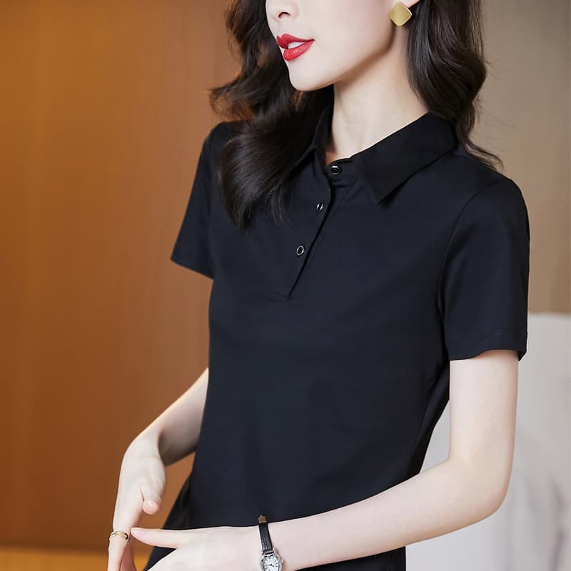 Cotton Slim-Fit Elegant Polo Shirt Women's 2024 New Arrival Black All-Match T-Shirt Women's Spring and Summer Short-Sleeved Casual Lapel Top