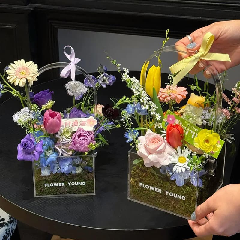 New Mid-Autumn Festival Acrylic Carrying Case Preserved Flower Gift Box Bouquet Packaging Transparent Handle Box Wholesale