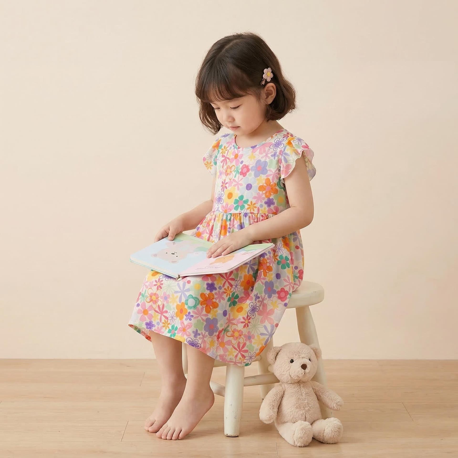 Summer Girls Dress Cotton Silk Floral Print Princess Dress, Mother-Daughter Matching Long Dress Beach Dress