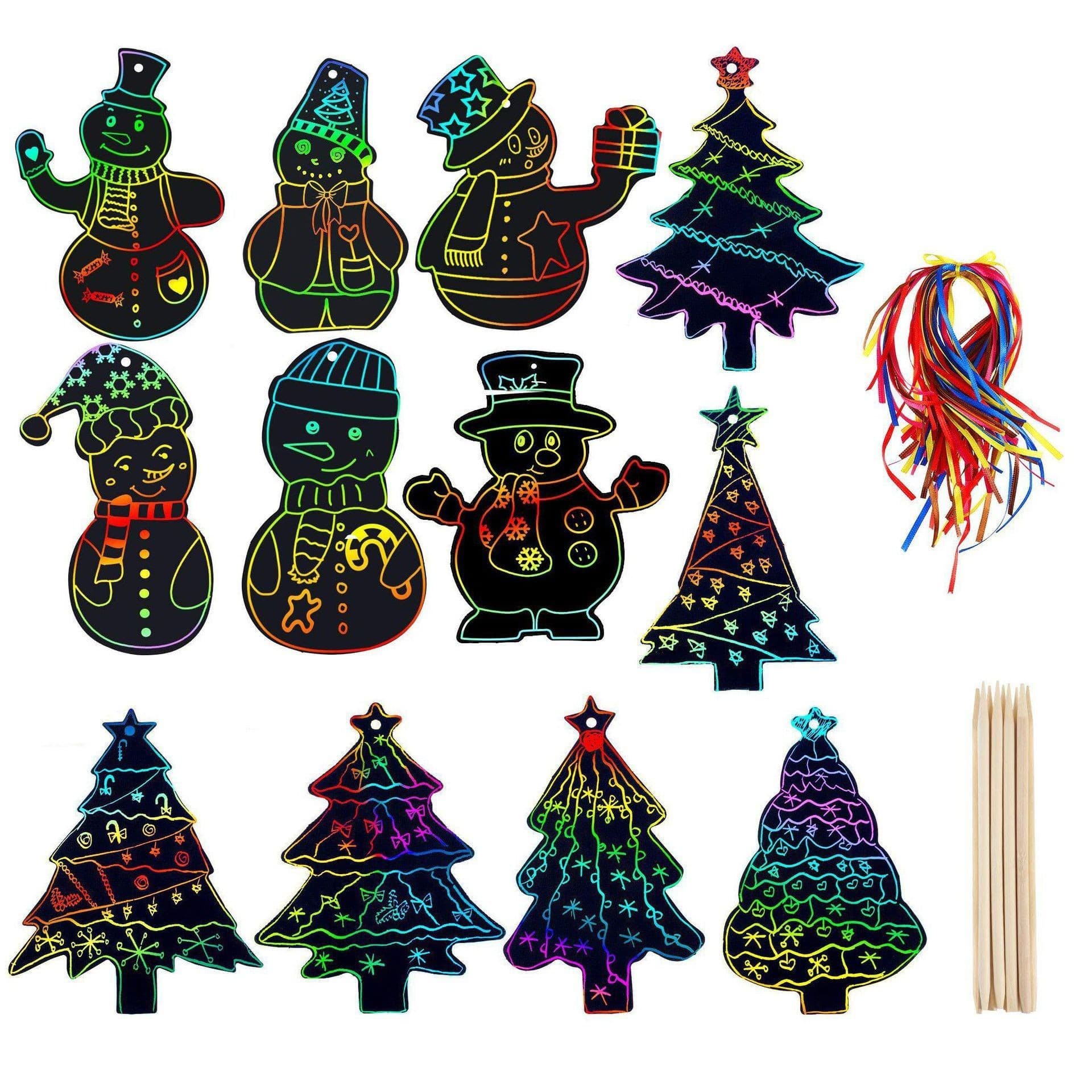 Cross-border Christmas Art Scratch-off DIY Bookmark Cartoon Kids Scratch Art with Bamboo Stick and Colored String