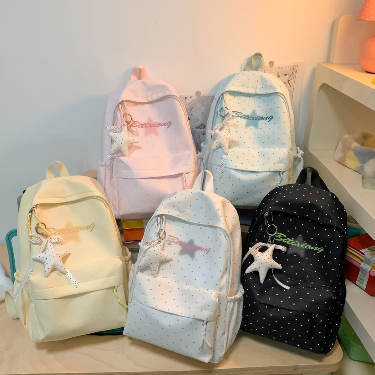 Cross-Border Japanese-Korean Polka Dot Star Backpack for Women, Gentle Japanese Style Backpack for Middle and High School Students, Lightweight and Versatile