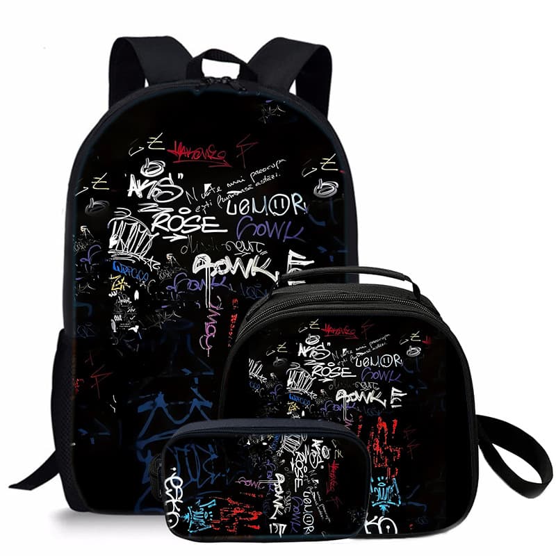 English Graffiti Backpack DIY Printed Student Schoolbag 3-Piece Set Lightweight Large Capacity Backpack Lunch Bag Pencil Case