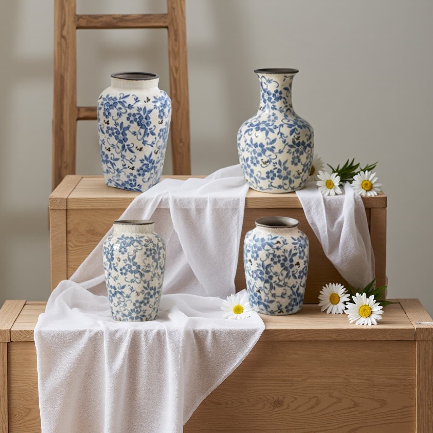 Blue and White Chinese Wabi-Sabi Ceramic Vase, Premium Floral Arrangement Decorative Piece for Living Room, Creative Chinese-Style Flower Vessel
