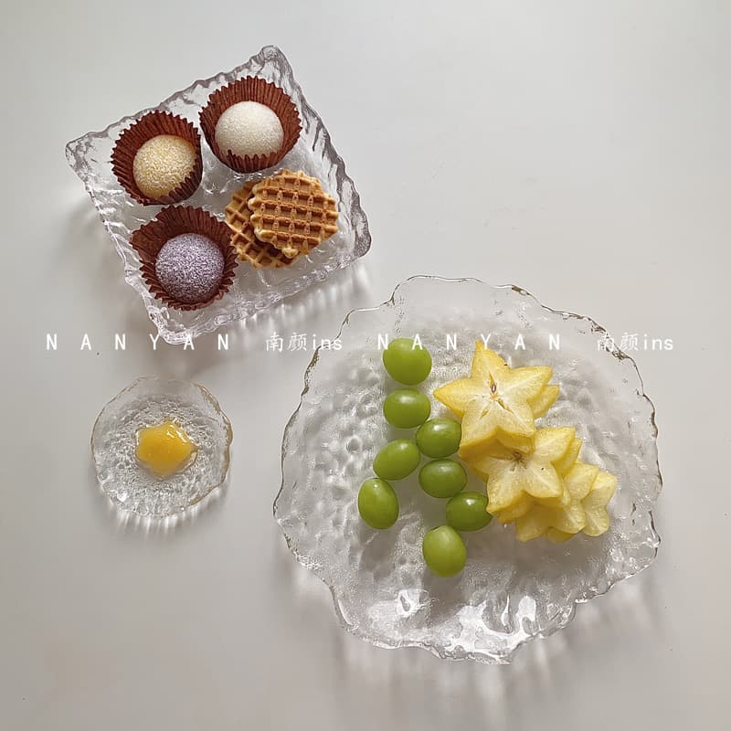 Japanese-style irregular glass plate, rectangular tray, round dessert plate, creative tableware, serving dish, sushi plate