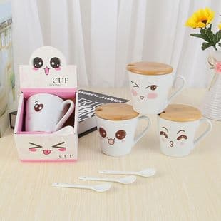 Drop Shipping with Lid and Spoon 52014314 Ceramic Cup Cute Expression Single Cup Coffee Cup Gift Event Giveaway