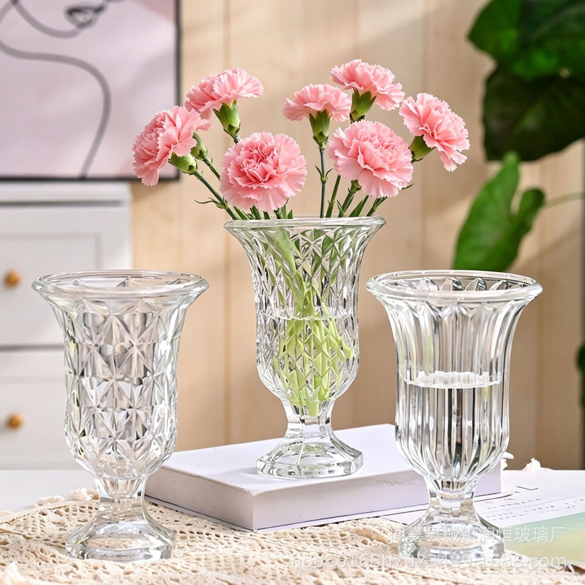 Embossed transparent glass vase living room table decoration rose bouquet flower arrangement decoration vase light luxury and high-end