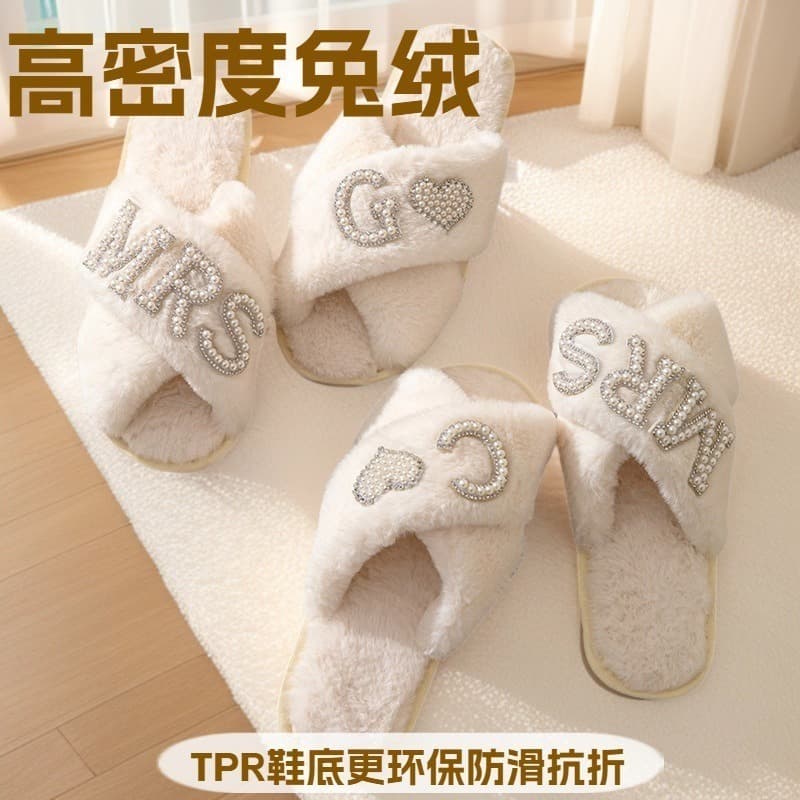 MRS new plush slippers for women, plus velvet and thickened home cotton slippers, cross-border hot style wedding plush slippers indoors