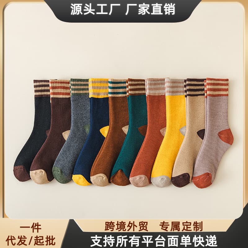 Women's Mid-Calf Fleece Lined Thickened Warm Color Block Floor Socks Autumn Winter Casual Elastic Mouth Bar Style Polyester