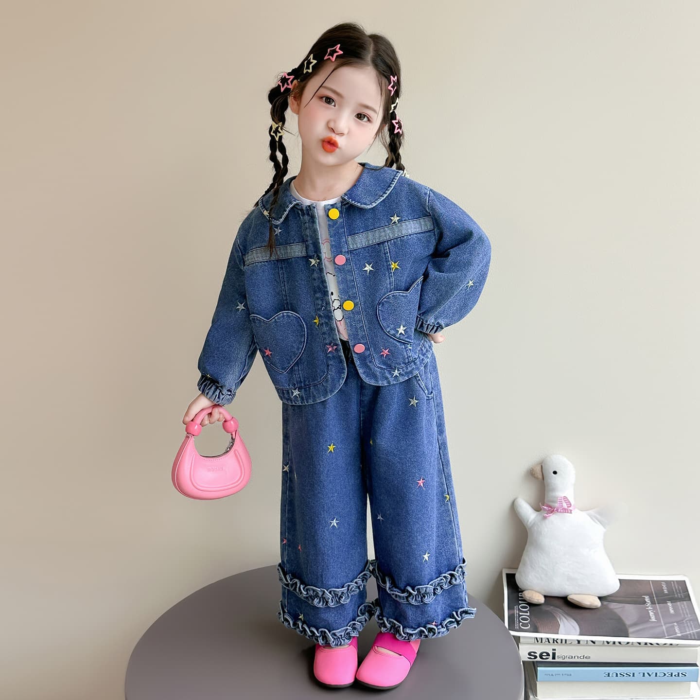 Korean Girls' Fashion Colorful Five-Point Star Denim Set 2026 Autumn New Arrival Two-Piece Stylish Export Kids' Clothing