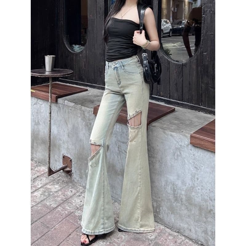 Light Color Distressed Hollow Chain Flare Jeans for Women Summer Thin 2025 New High-Waist Slim Fit Horseshoe Pants