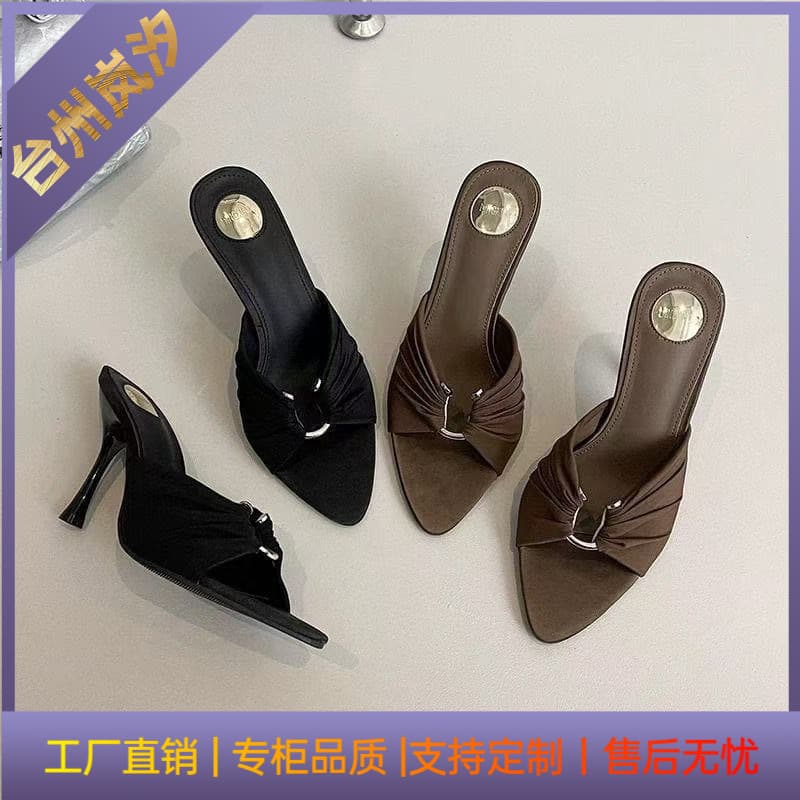 Sexy new stiletto high heels fashionable 2026 summer open toe cool pleated metal buckle pointed toe stiletto women's shoes