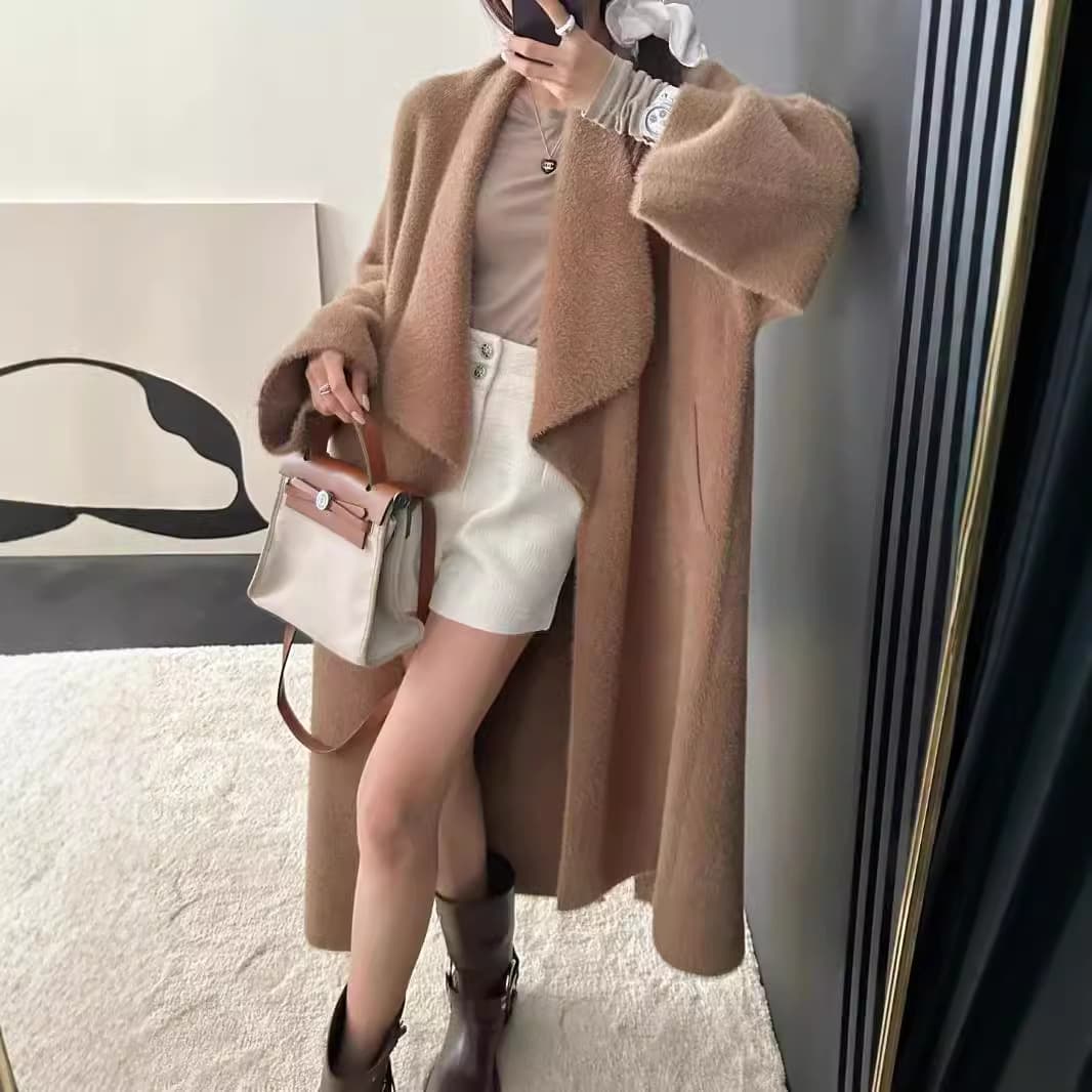 Autumn/Winter New French Style Elegant Imitation Mink Fur Long Knit Cardigan Women Loose Lazy Large Lapel Sweater Coat