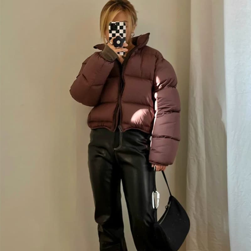 Kendou Jenner's same style high waist stand collar brown short down jacket for women stitched curved arc thickened bread coat winter