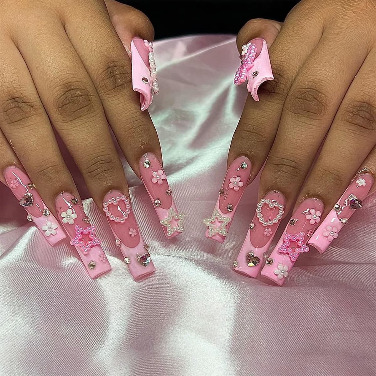 European and American handmade wearable nails, pure handcrafted French Barbie pink with rhinestone star nail tips, long style, wholesale