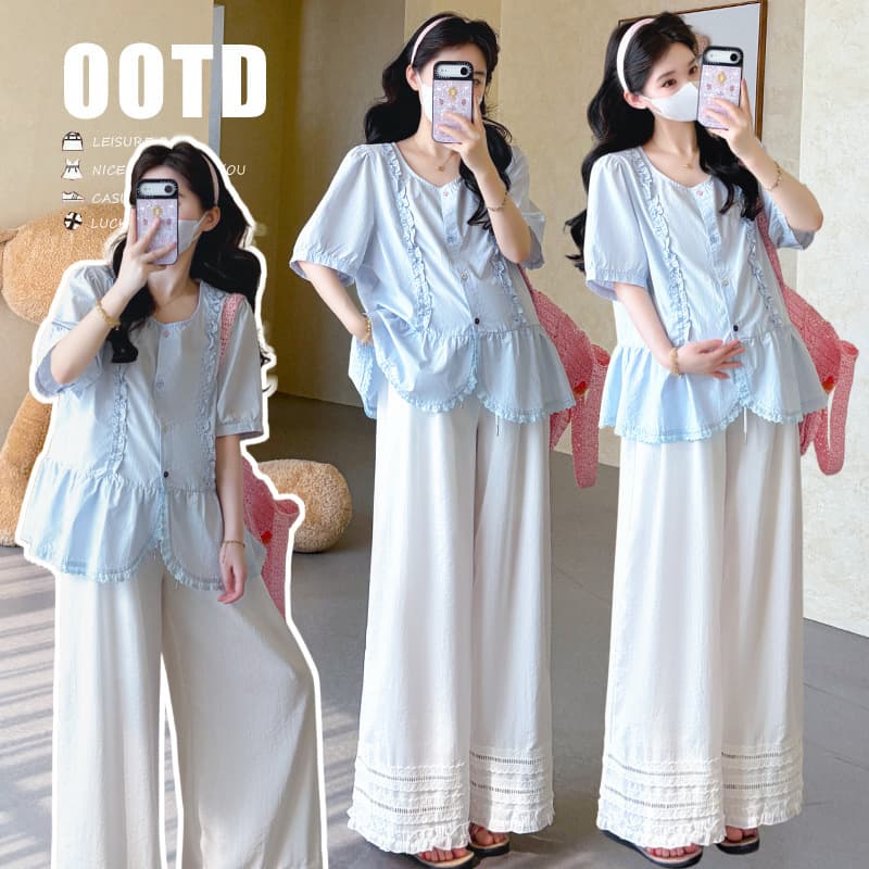 New Summer Style for Pregnant Women: Loose and Fashionable Shirt with Colorful Buttons and Ruffled Edges, Paired with Wide-Leg Pants and a Casual Set