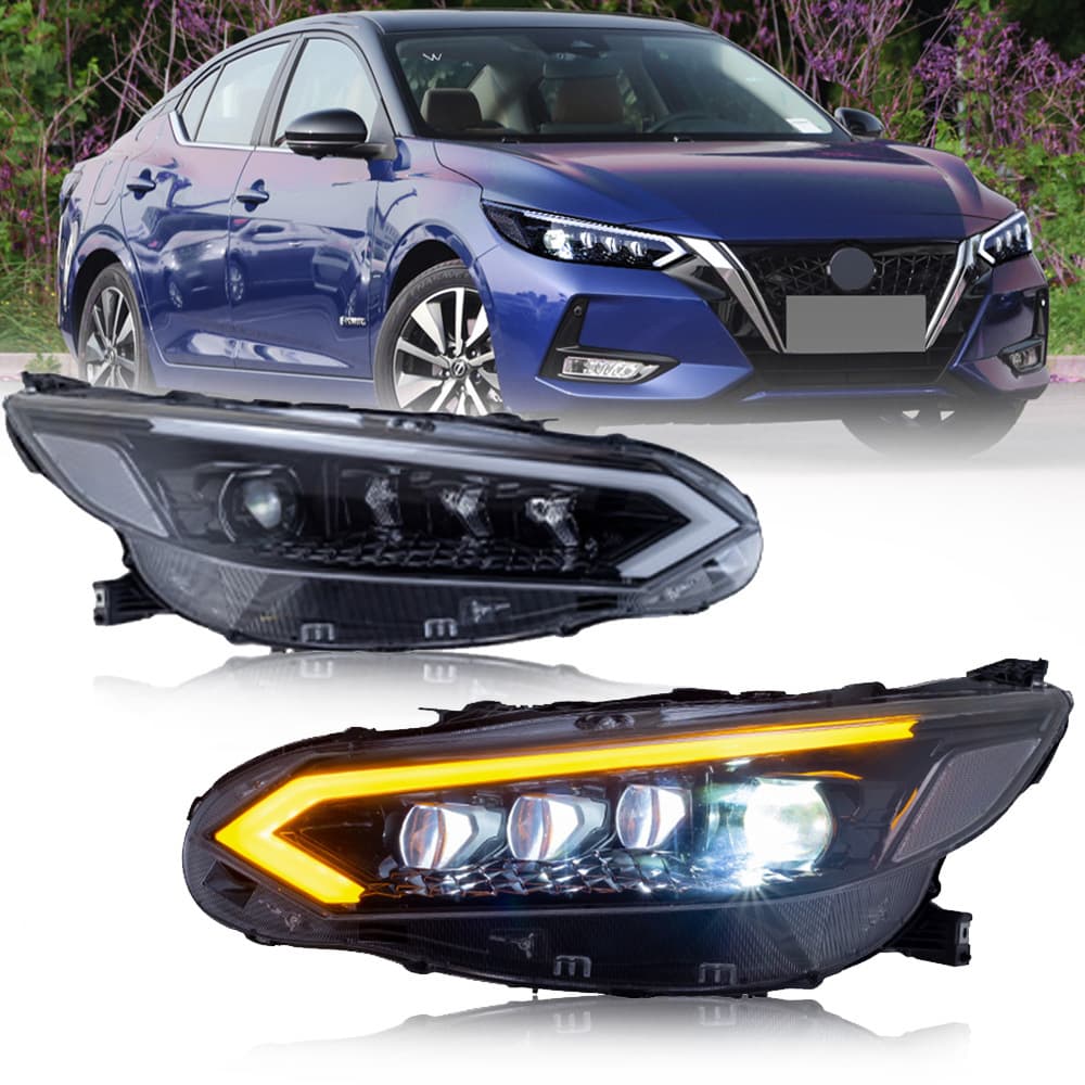 DKmotion Sentra Blue Wave Modified Headlight with Flowing Turn Signal, Startup Scan LED Headlight Assembly