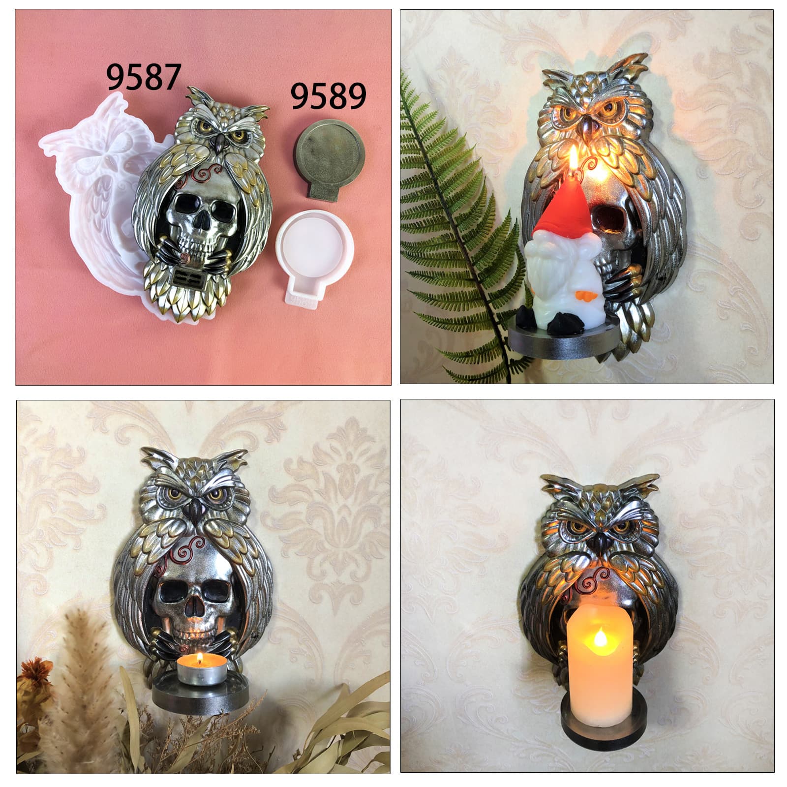DIY Halloween Owl Skull Candle Holder Crystal Resin Mold Halloween Candle Holder Silicone Mold Decoration