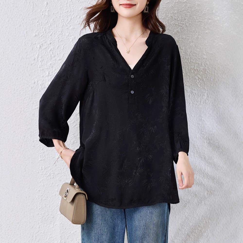 Actual Photo V-Neck Jacquard Black Blouse Women's 2026 Spring New Three-Quarter Sleeve Top Plus Size Women's Clothing