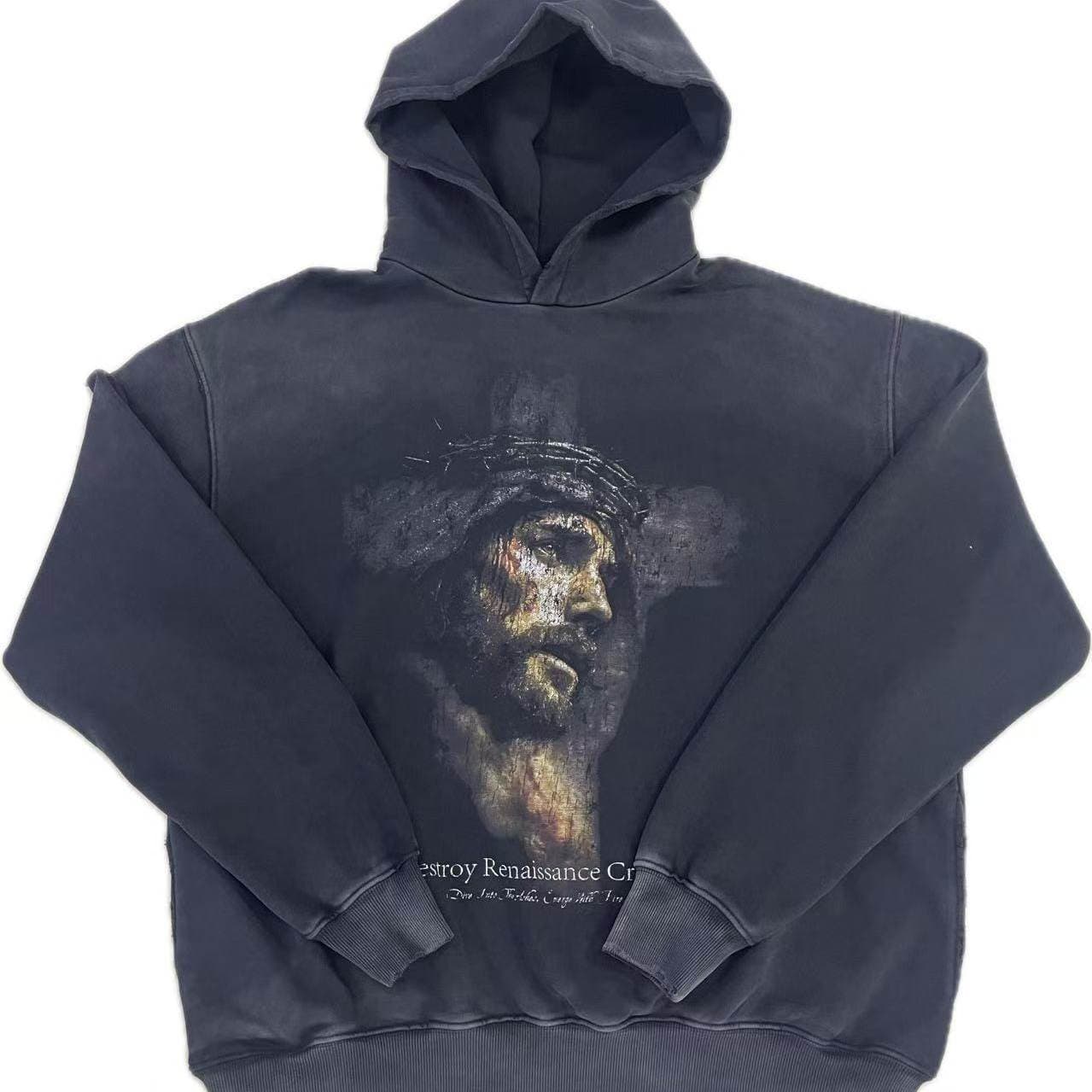 FAece DoeItohoAn Destroy RenalsnCe Character Portrait Print Distressed Hoodie