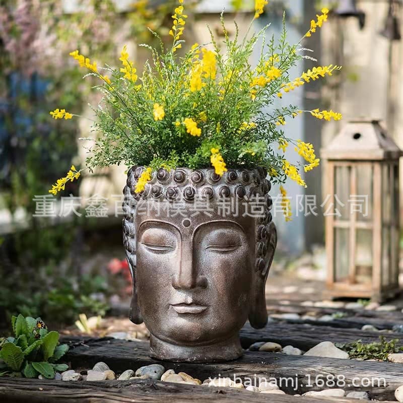 Customized Buddha head cement magnesia mud silicone fiberglass mold Buddha head magnesium oxide indoor flower pot silicone mold