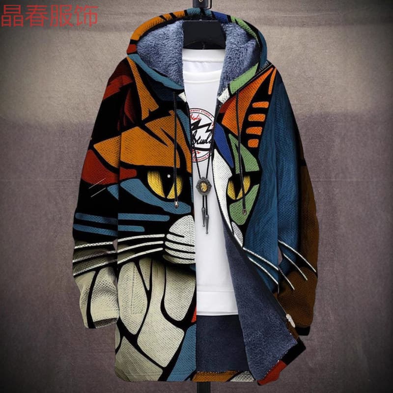 Men's Winter Jacket Cross-border Coat Winter Print Fleece Lining Casual Zip-up Hooded Cardigan Cotton Padded Jacket Gray