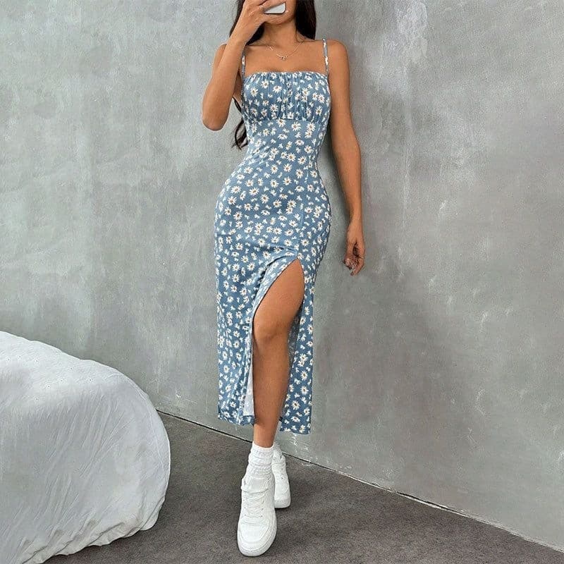Cross-Border Best Seller 2026 Amazon Europe and America Printed Camisole Dress Slim Fit Long Dress New Floral French Side Slit
