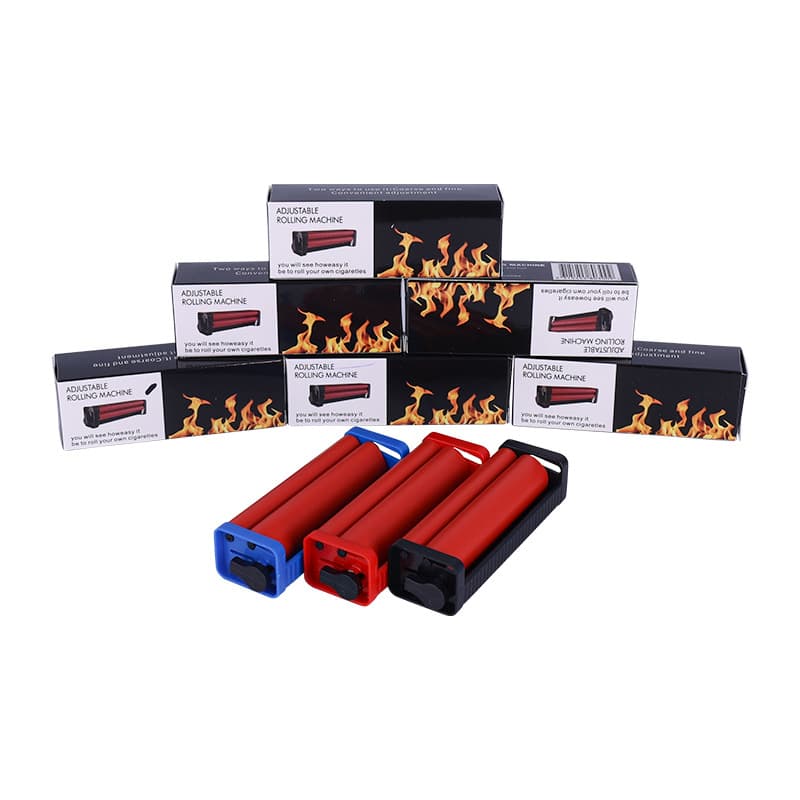 New European and American style 70mm plastic portable cigarette rolling machine with manual tobacco filling tool and red cloth; adjustable cigarette accessories.