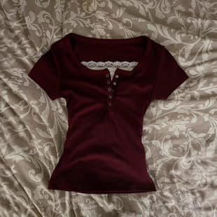 2026 Summer European-American Cross-Border Two-Piece Lace Trim Contrast Color Slim Button Short Sleeve T-Shirt Top for Women